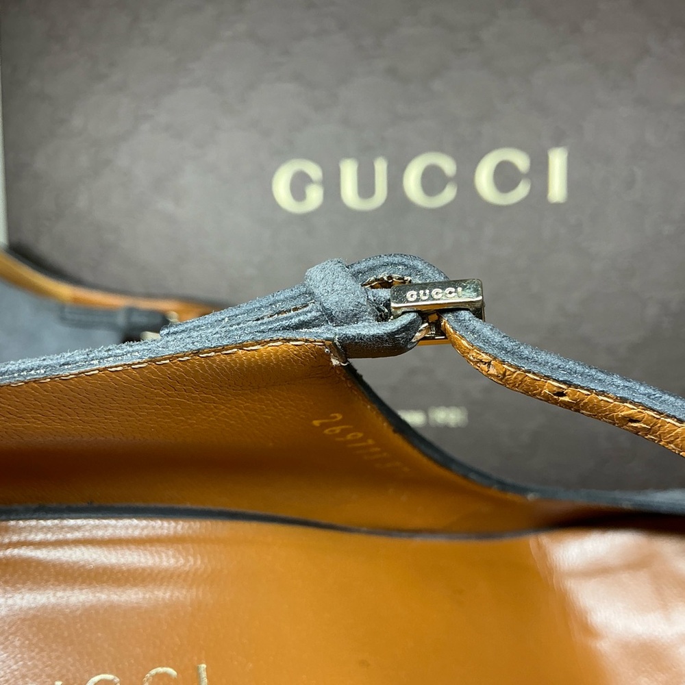 Gucci Betty Grey Suede Peep-Toe T-strap Platform Pump Womens Size 37.5 - Picture 12 of 14